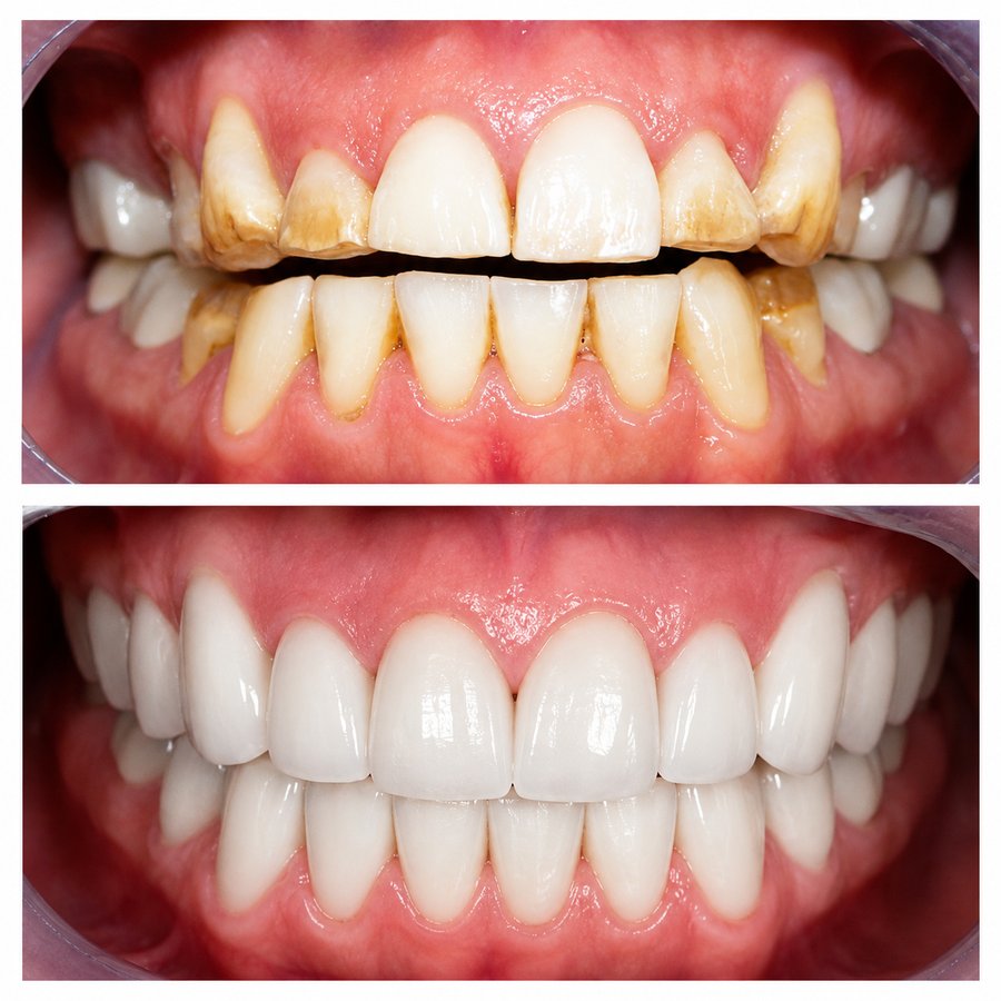 Antes e depois de reabilitação protética realizada na Biliclin, outro ângulo